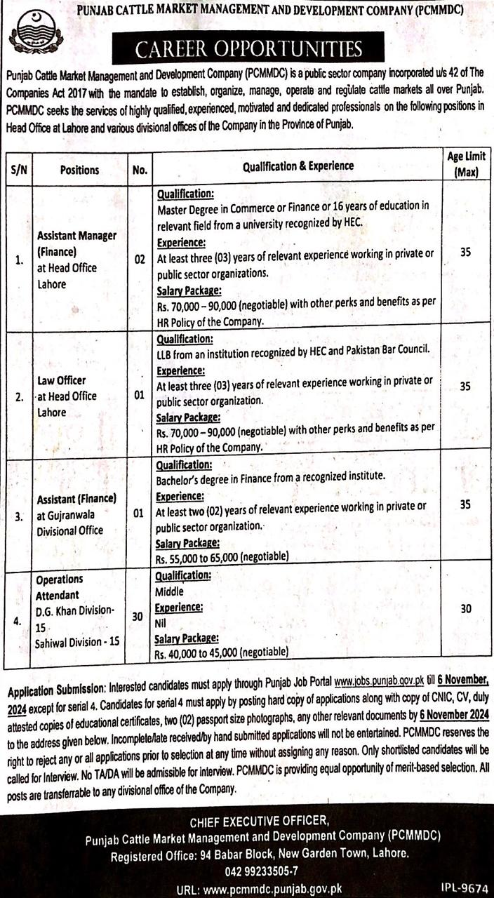 1. Assistant Manager 2. Law Officer 3. Assistant(Finance) 4. Operations Attendant 